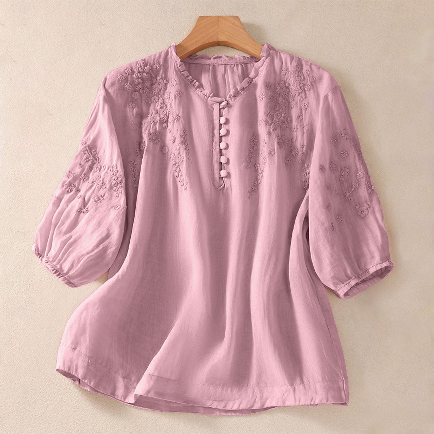 Per donna 100% cotone Camicia button-down Tessuto Ricamato Bottoni Vintage Scollo a V Top lunghi Casuale giallo verde Rosa Blu reale Viola Estate Primavera del 2026 a $31.99 –P4