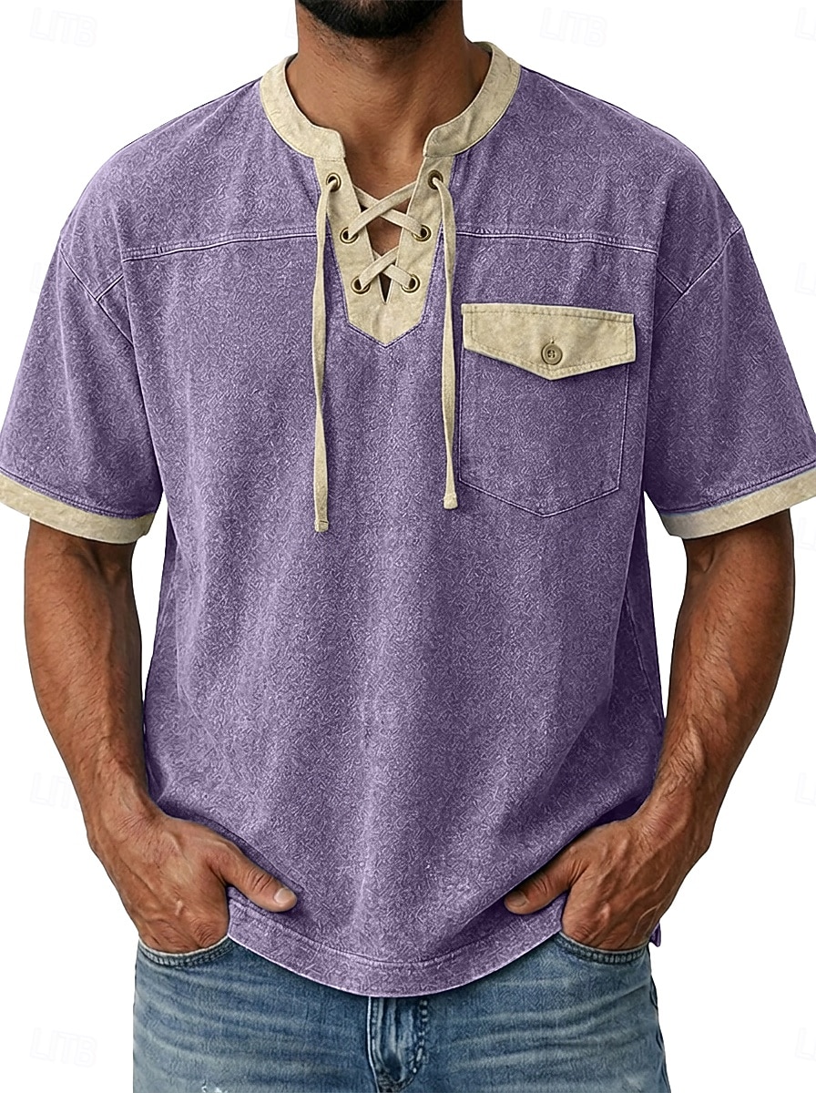 Hombre Camiseta Camisa vaquera Camisa 100% algodón con lavado ácido Manga Corta cuello con cordones Otoño invierno Primavera Otoño Plano Vintage Ropa de calle Casual Bolsillo Lavado Casual Hogar Calle 2026 - $35.99 –P3