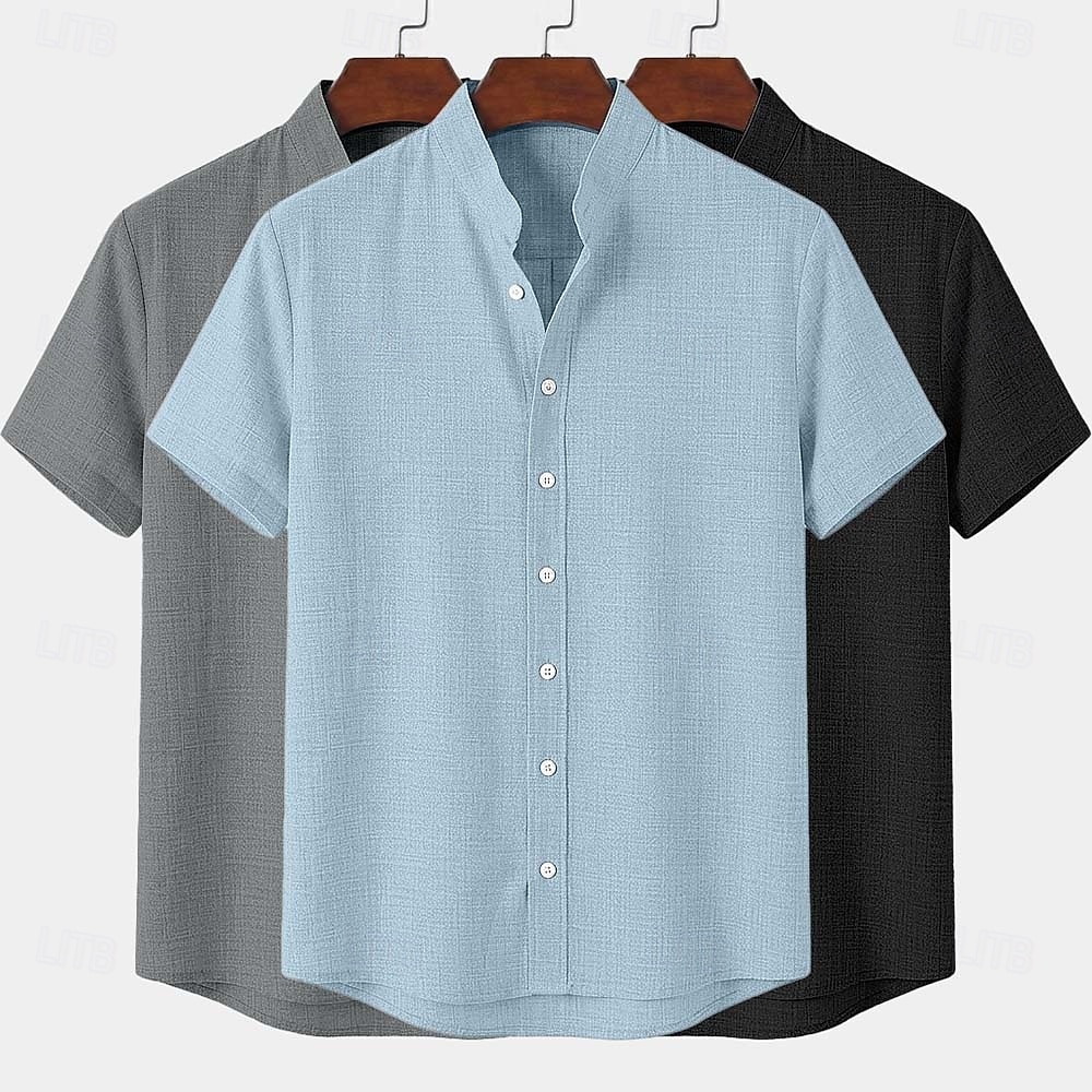 Men Shirt Linen Shirt Summer Shirt Band Collar Shirt Button Up Shirt Plain Casual Daily Black+White+Gray Black+Blue+Gray White+Gray+Blue Orange+Gray+Black Short Sleeve Stand Collar Summer Clothing 2026 - $45.99 –P2