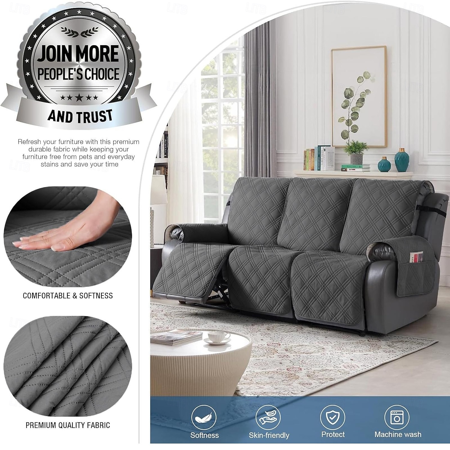 Pokrowiec na sofę l.t.home dla zwierząt, 3-osobowa, 100% wodoodporna, odporna na zalanie, pikowana, 4-warstwowa, rozkładana sofa z kieszeniami bocznymi, antypoślizgowa, zmywalna, ciemnoszara 2026 - $93.99 –P1
