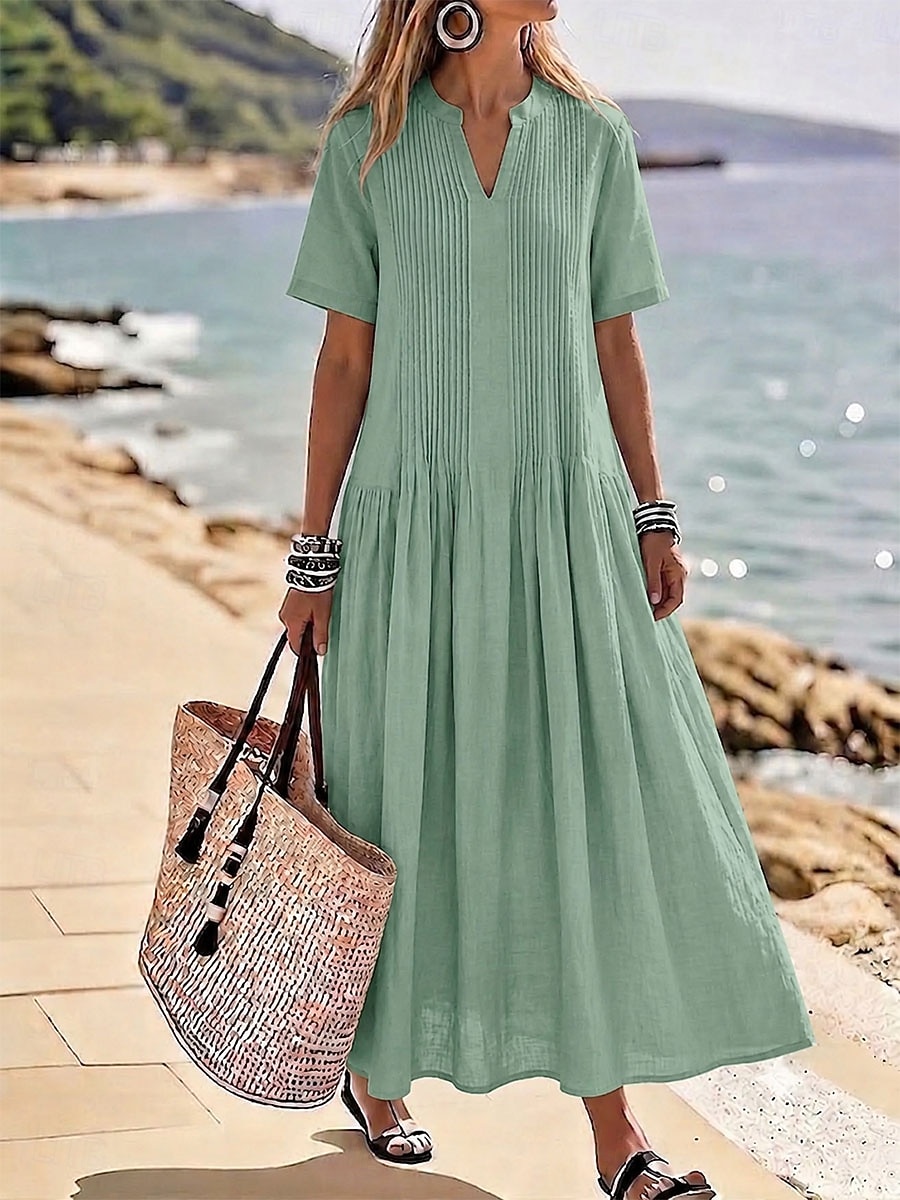 Mulheres Vestido Longo Vestido casual Vestido de linho de algodão Elegante Férias à moda Ajuste Largo Tecido Manga Curta Decote V Azul Amarelo Claro Verde Sage Verão Primavera de 2026 por $37.99 –P1