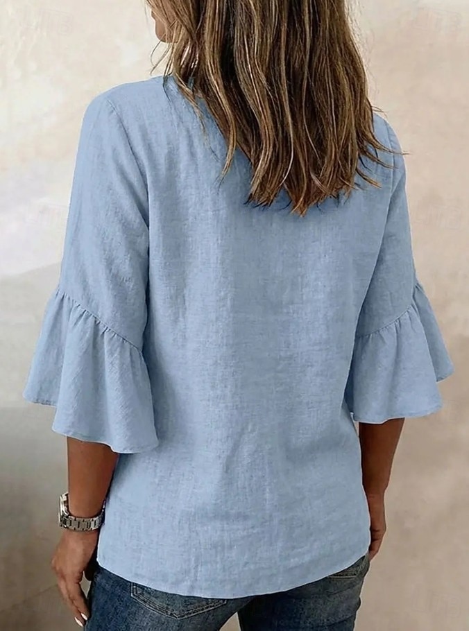 Per donna Camicie effetto lino Blusa Camicia di cotone Volant Bottoni Tinta unica Quotidiano Elegante Casual Manica 3/4 Scollo a V Top corti Casuale Quotidiano Blu Giallo Rosa Verde Beige Estate del 2026 a $26.99 –P3