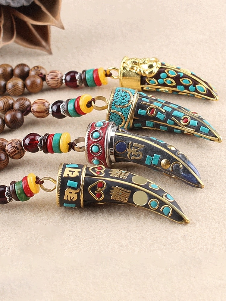 Collar con colgante de cuerno en forma de media luna de estilo bohemio para hombre, cadena larga de cuentas de madera, aleación étnica tribal. &Collar llamativo de cuentas de madera, joyería vintage 2026 - $11.99 –P5