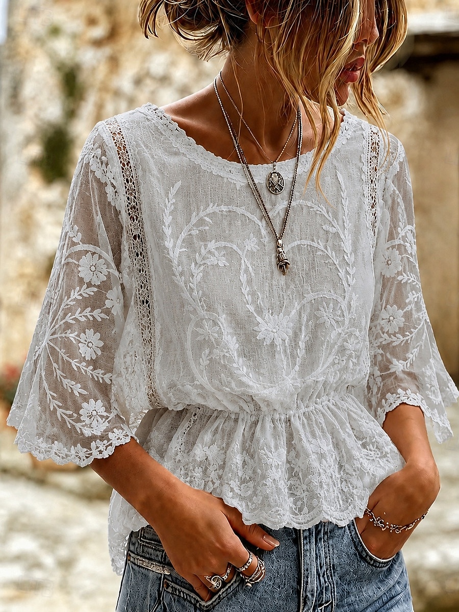 Mulheres Camisa Social Camisa de renda Blusa Renda Bordado Côr Sólida Floral Gráfico Elegante à moda Casual Meia Manga Manga Morcego Gola Redonda Tops regulares Casual Diário Feriado Azul Cáqui de 2026 por $14.49 –P2