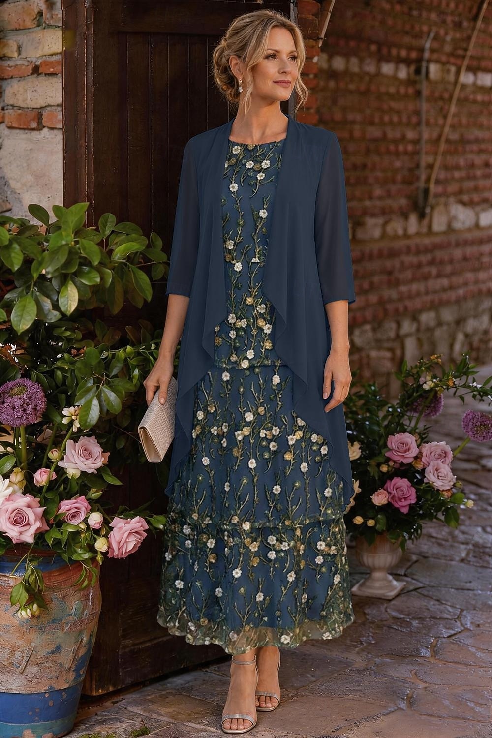 Două Piese Linia -A Lungime Gleznă Rochie Mama Miresei Lungime Manșon 3/4 Stil Nautic Elegant Simplu Luxos Oficial Invitat la nunta Șifon Dantelă Rochii jacheta cu Volane Straturi Broderie 2026 - $171.99 –P6