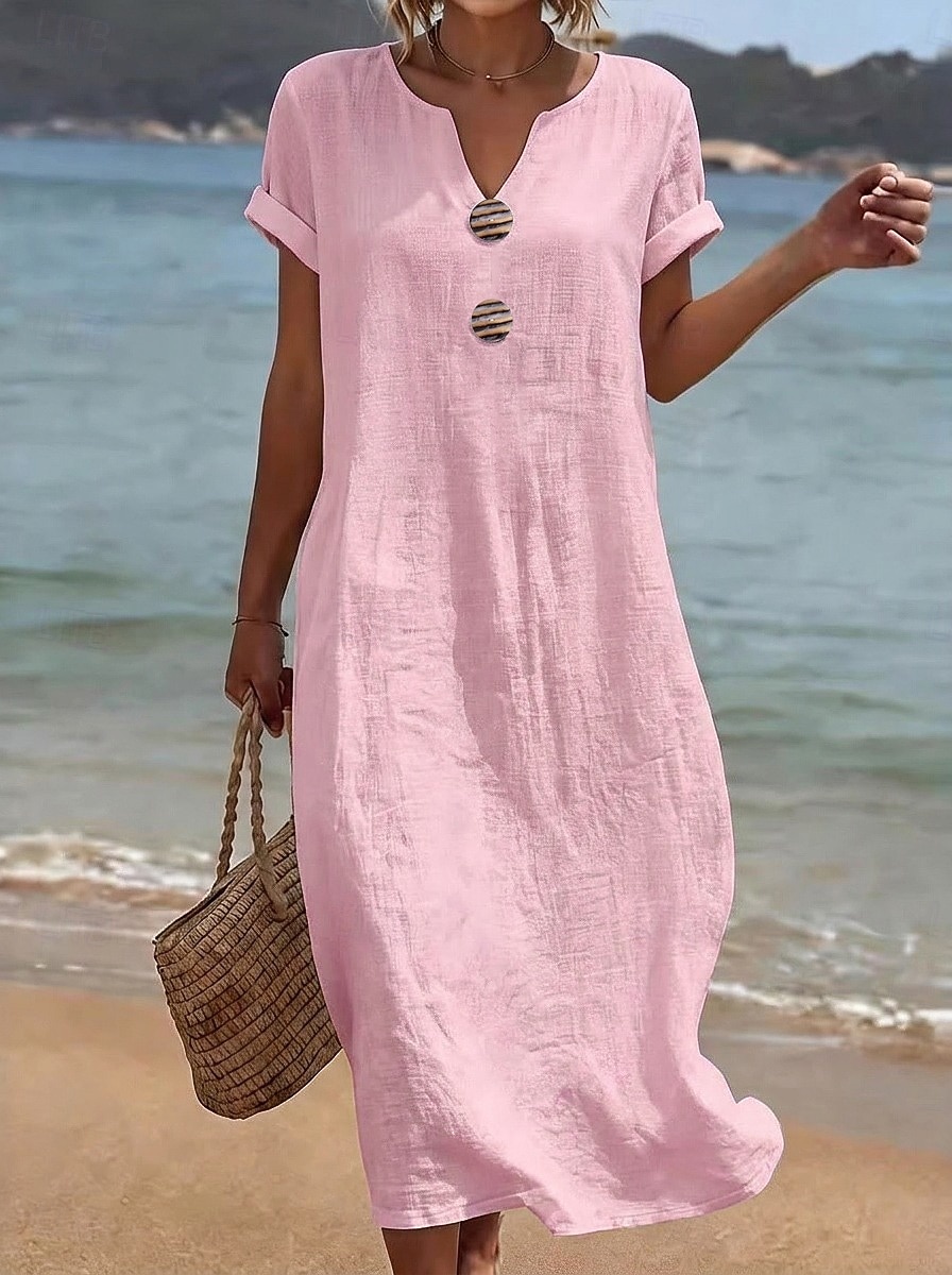 Women's Midi Dress Beach Dress Casual Dress Summer Dress Basic Classic Daily Vacation Loose Fit Plain Short Sleeve V Neck Yellow Pink Sky Blue Summer Spring 2026 - $13.49 –P2