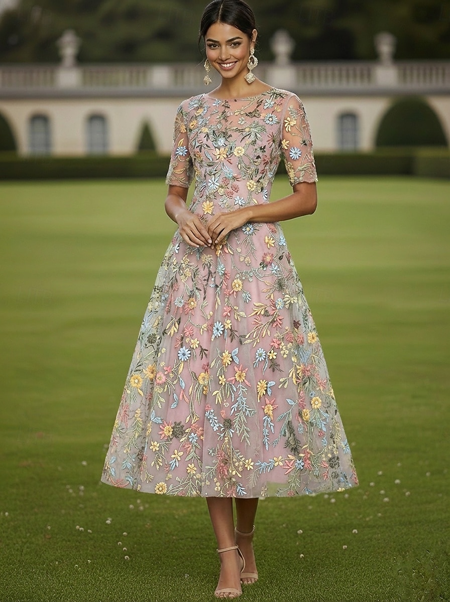 A-linje Kjoler Te-lengde Cocktail Kjole Gjestekjole til bryllup Kjole til brudens mor Halvlange ermer Crew-hals Båthals Elegant Fritid Formell Kentucky Derby Semi-formelt Tyll med Broderi Appliqué 2026 - $171.99 –P7