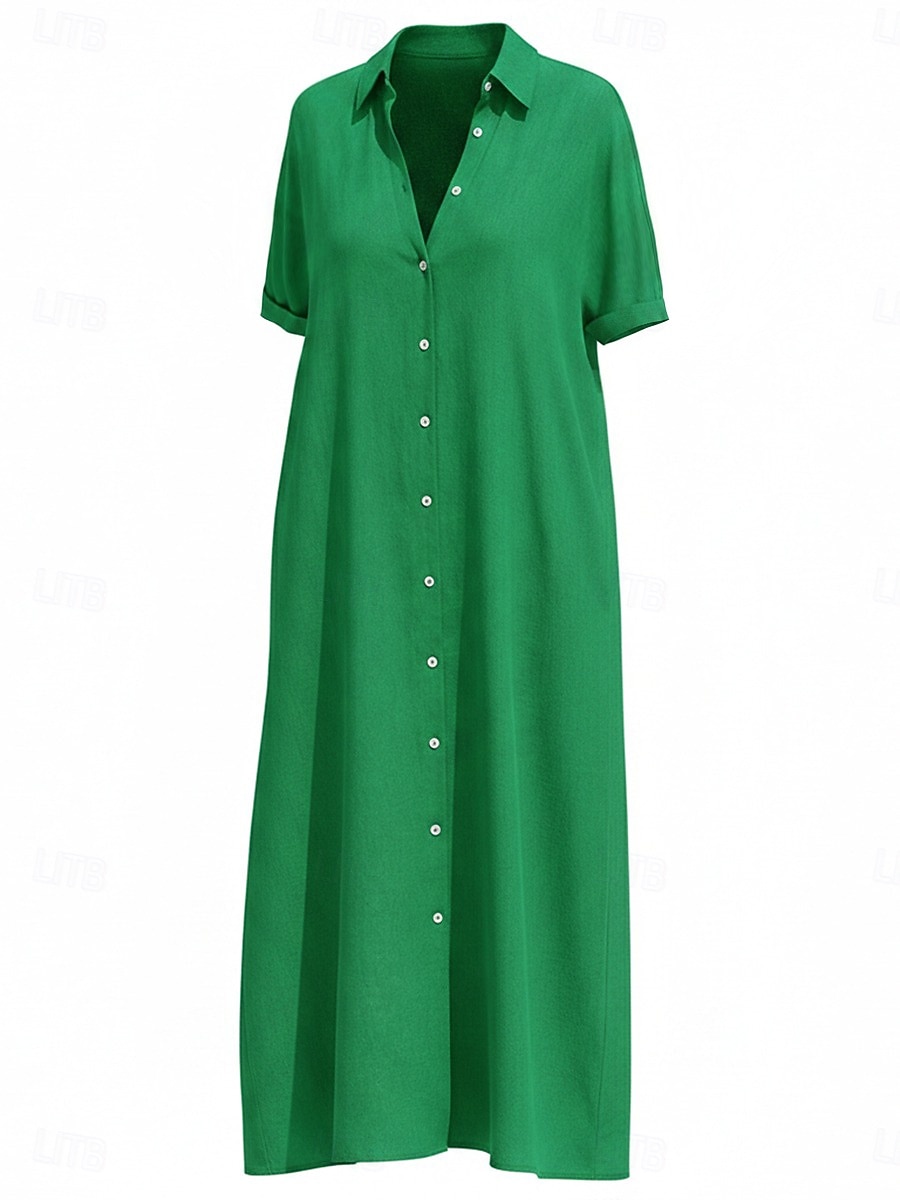 Women's Midi Dress Cotton Linen Dresses Shift Dress Basic Daily Loose Fit Plain Long Sleeve Shirt Collar Summer Spring Fall 2026 - $27.99 –P1