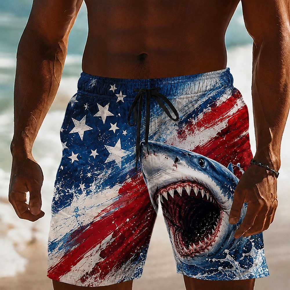 2026 250º Pantalones Cortos de Baño con Bandera Americana Tiburón para Hombre Trajes de Baño Pantalones Cortos de Playa Cortos de Media Cintura Patrióticos Diarios al Aire Libre Festival Bolsillos 2026 - $20.99 –P1