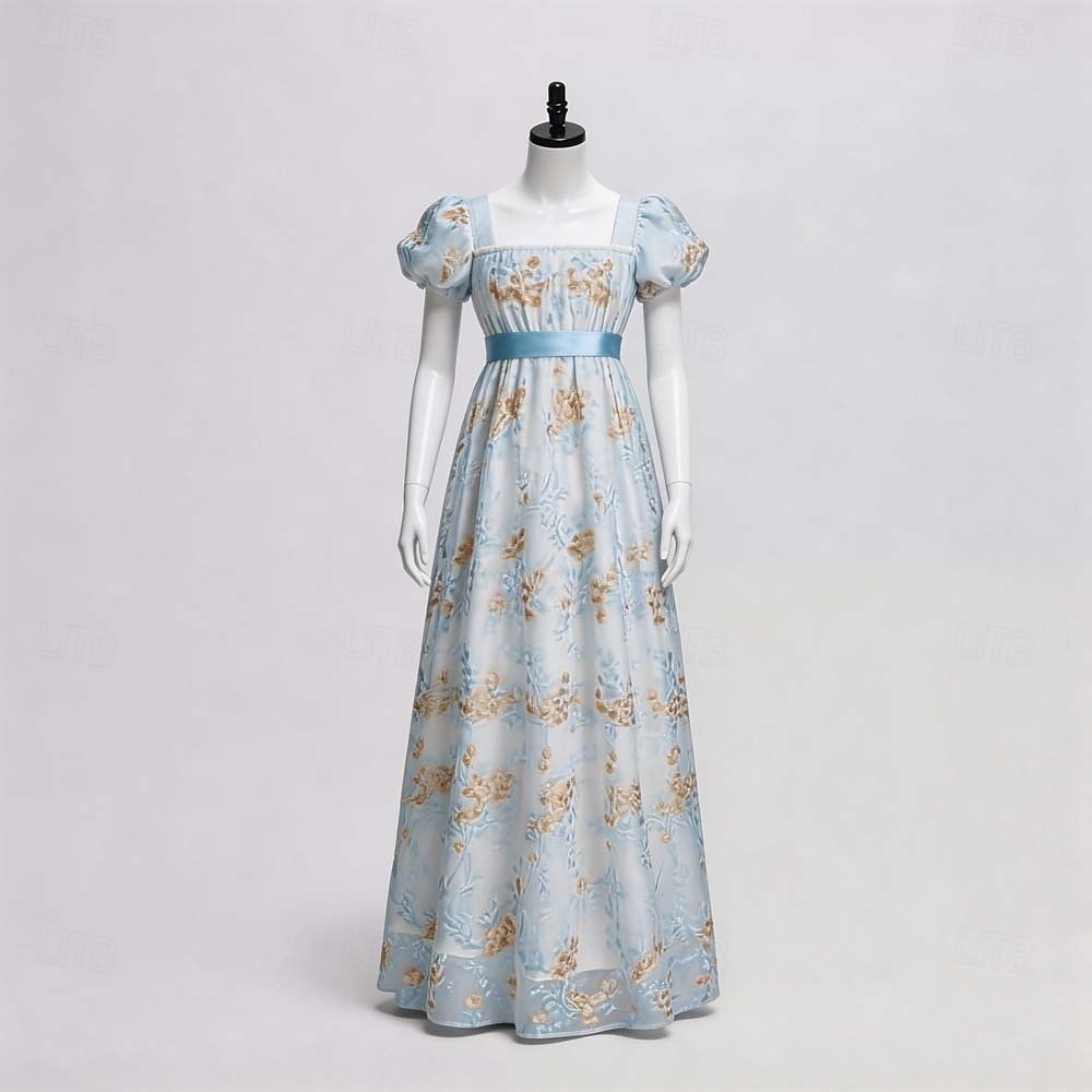 Retro Vintage Regency Period Maxi Empire Waist Dress Short Sleeves Gentlewoman Noblewoman Embroidered Floral Square Neck Fancy Dress Women's Royal Halloween Carnival Tea Party Renaissance Fair Retro 2026