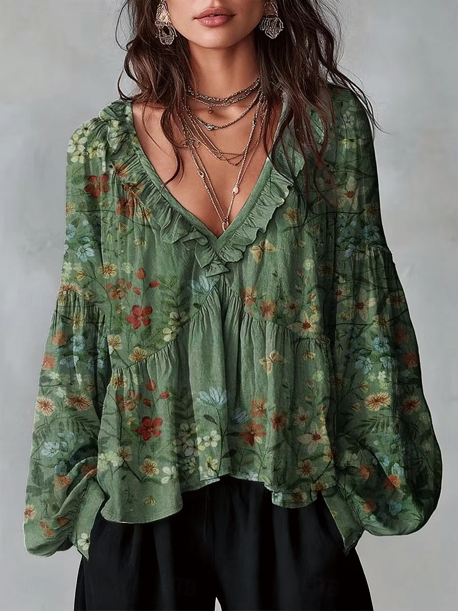 Dame Skjorte Tunika Drapering Nyanse Blomstret Grafisk Elegant Bohem Ferie Langermet V-hals Lange topper Avslappet Daglig Hvit Rosa Rød Grønn Sommer Vår 2026 - $37.99 –P1