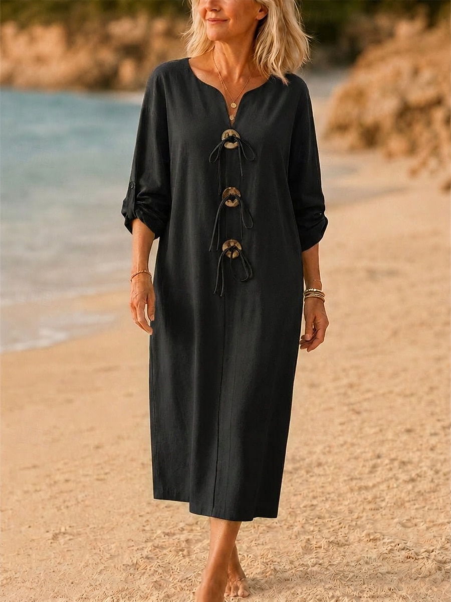 Women's Midi Dress Beach Dress Elegant Vacation Fashion Daily Outdoor Beach Loose Fit Plain Short Sleeve V Neck Neon Green Black Yellow Army Green Spring 2026 - $26.99 –P5