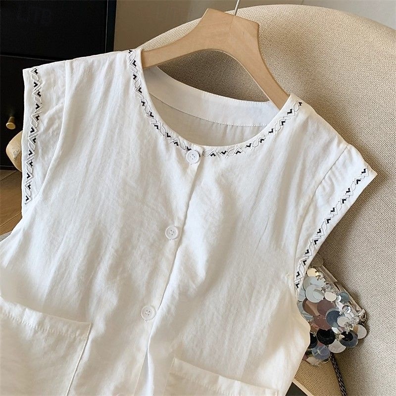 Mujer Chaleco de lino y algodón Camisa de verano Bordado Vintage Sin Mangas Cuello Barco Tops largos Casual Blanco Amarillo Azul Marino Verano Primavera 2026 - $21.99 –P18