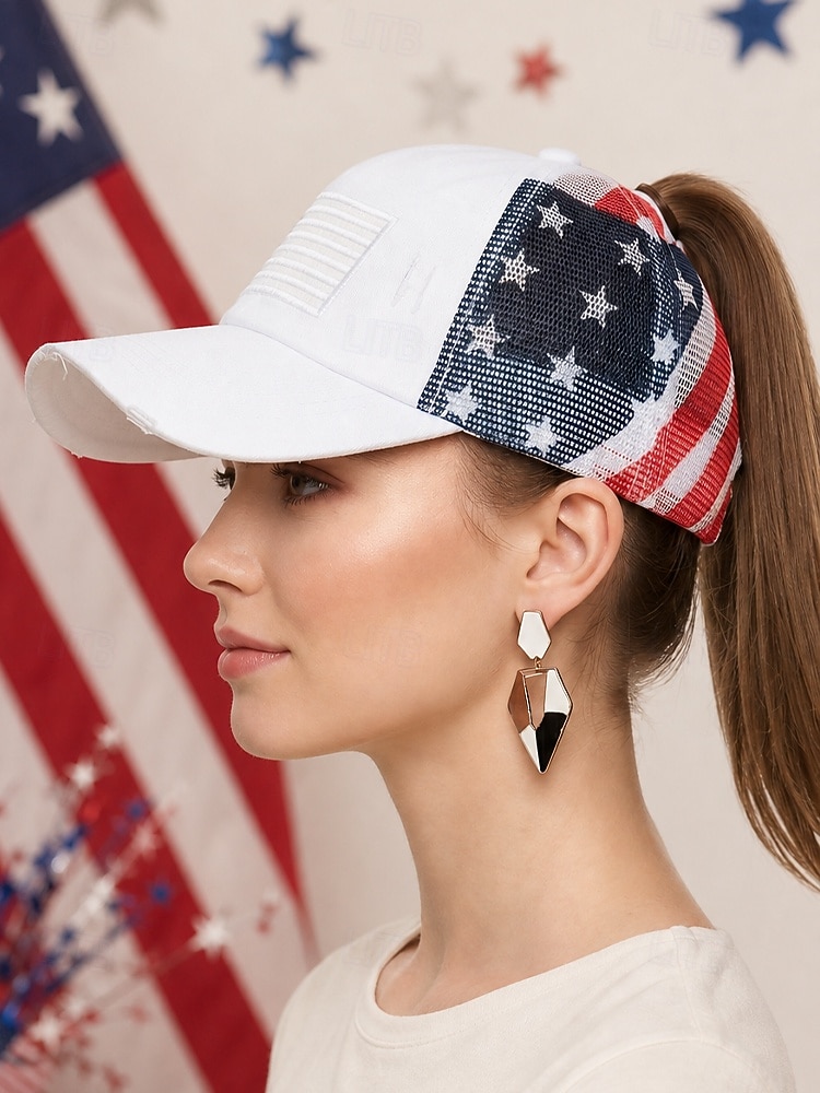 Boné de beisebol feminino patriótico com abertura para rabo de cavalo, algodão lavado. &Boné trucker ajustável em tela, boné de verão multicolorido com a bandeira dos EUA para o 4 de julho, boné para de 2026 por $14.99 –P4