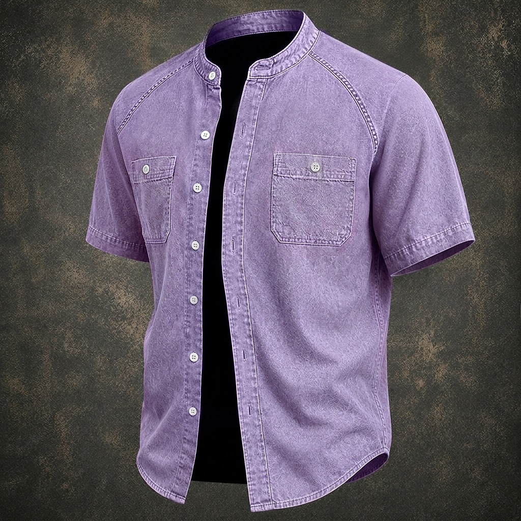 SoftFade™ Men Shirt Casual Shirt Button Up Shirt Cotton Acid Wash Shirt Black Light Green Pink Purple khaki Short Sleeve Plain Grandad Collar Casual Daily Front Pocket Clothing Apparel Elegant Fashion 2026 - $31.99 –P1