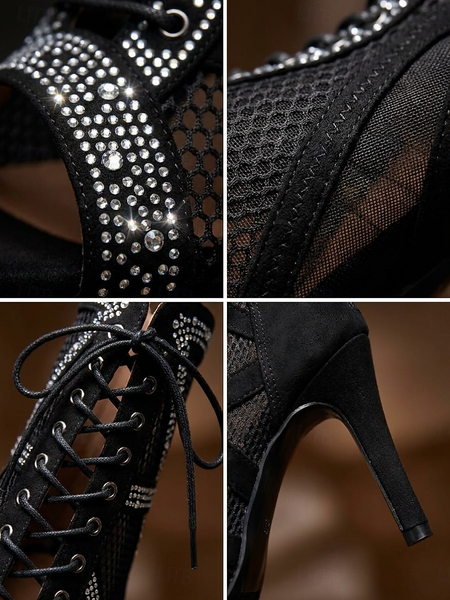 Women's Black Sparkle Rhinestone Ballroom Dance Boots – Black Mesh Latin Dance Heels with Lace-Up Design & Back Zipper for Salsa, Tango, Bachata & Stage Performance 2026 - $79.99 –P4