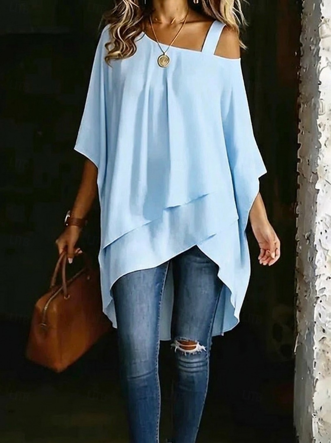 Per donna Maglietta Orlo asimmetrico Elegante Casual Manica Corta Manica a pipistrello Monospalla Top lunghi Quotidiano Uscire Abbigliamento da vacanza Bianco Nero Blu marino Azzurro Estate Primavera del 2026 a $25.99 –P3