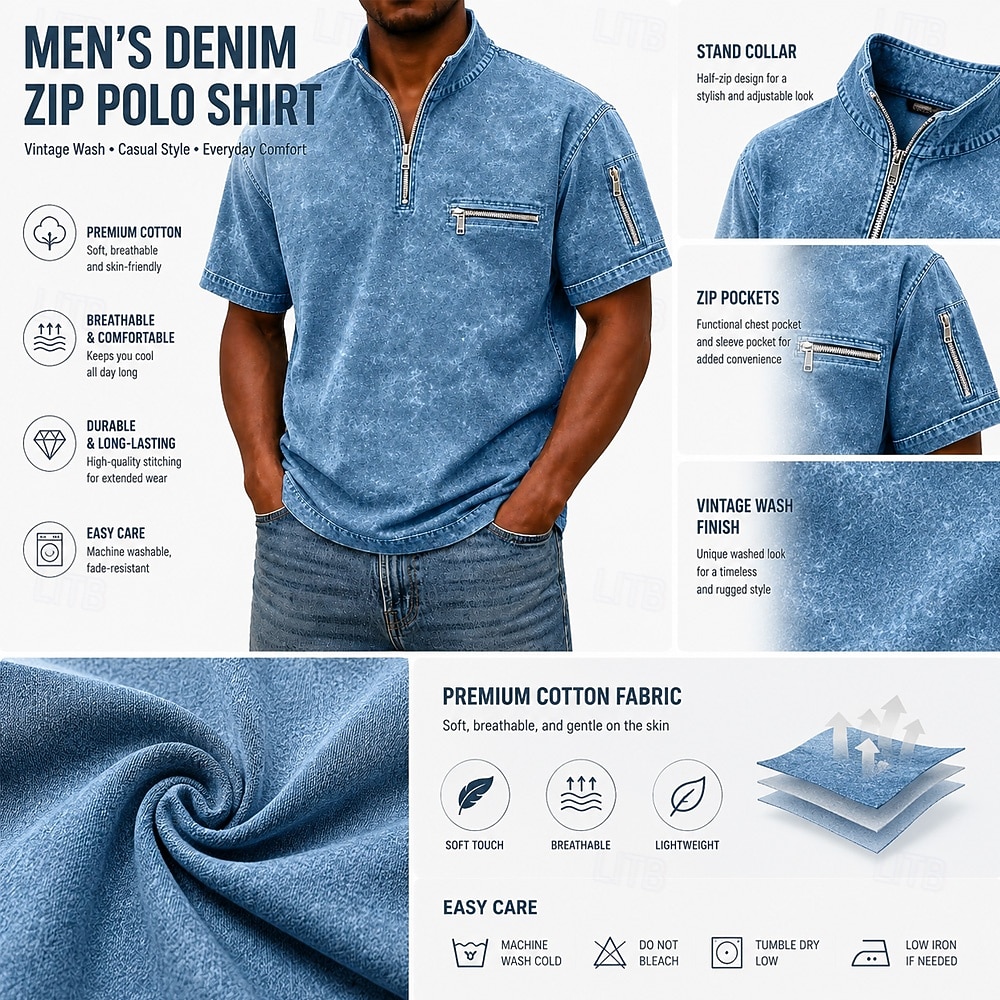 Koszulki polo SoftFade™ dla mężczyzn T-shirt z efektem przetarcia Casual Praca Ćwierć zamek błyskawiczny Żebrowany Kołnierzyk Krótki rękaw Moda Basic Gładki Zamek błyskawiczny Kieszeń Lato Wiosna 2026 - $32.99 –P2