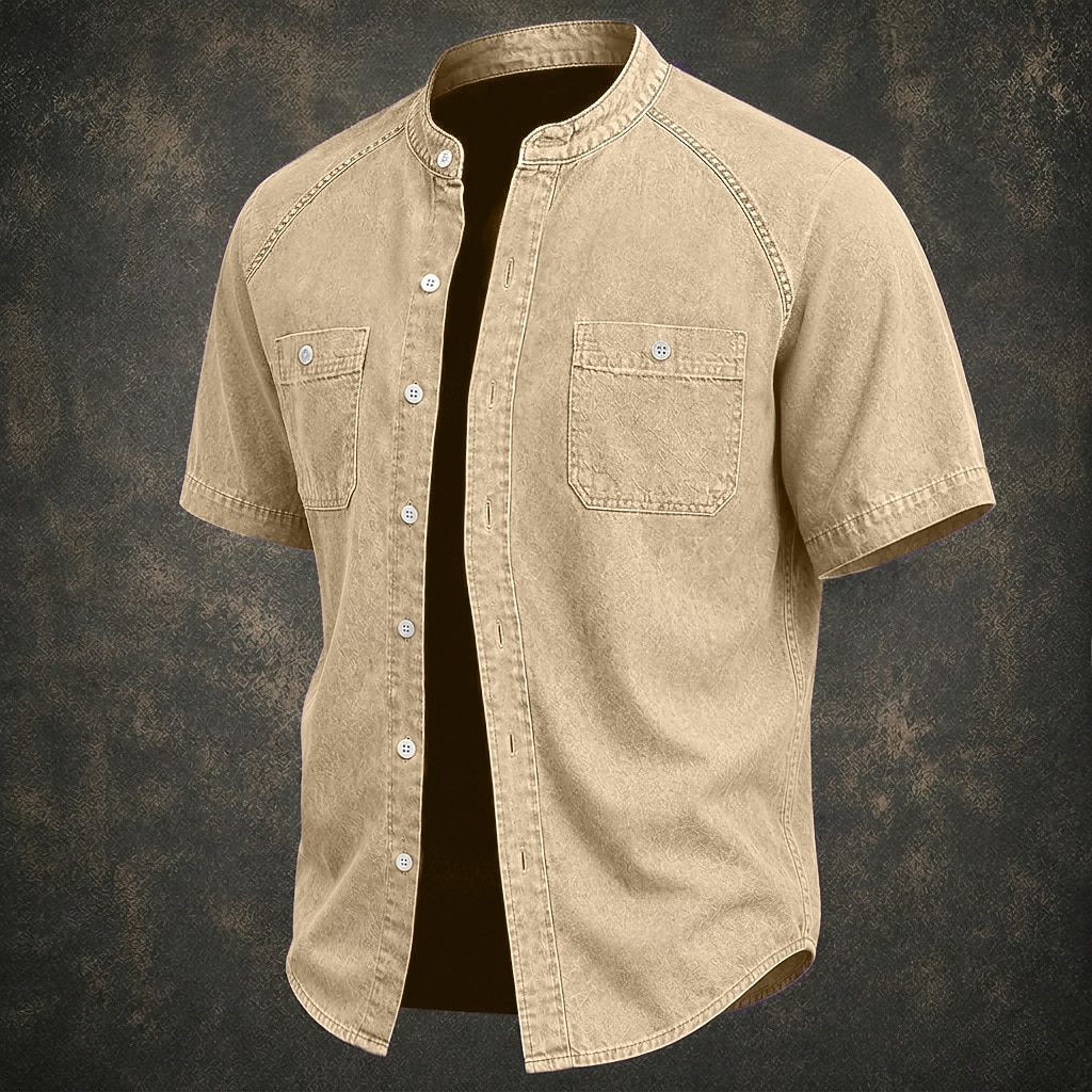 SoftFade™ Men Shirt Casual Shirt Button Up Shirt Cotton Acid Wash Shirt Black Light Green Pink Purple khaki Short Sleeve Plain Grandad Collar Casual Daily Front Pocket Clothing Apparel Elegant Fashion 2026 - $31.99 –P6