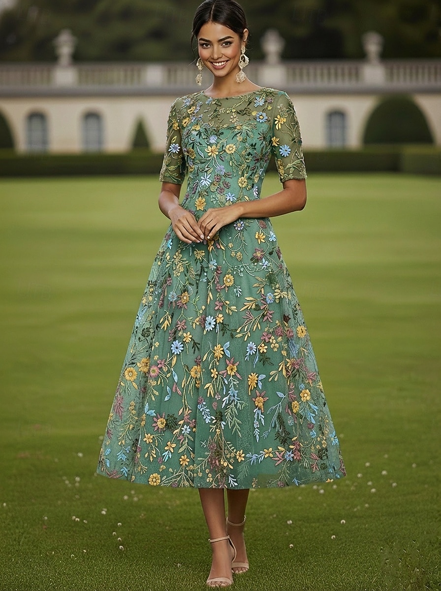 A-linje Kjoler Te-lengde Cocktail Kjole Gjestekjole til bryllup Kjole til brudens mor Halvlange ermer Crew-hals Båthals Elegant Fritid Formell Kentucky Derby Semi-formelt Tyll med Broderi Appliqué 2026 - $171.99 –P6