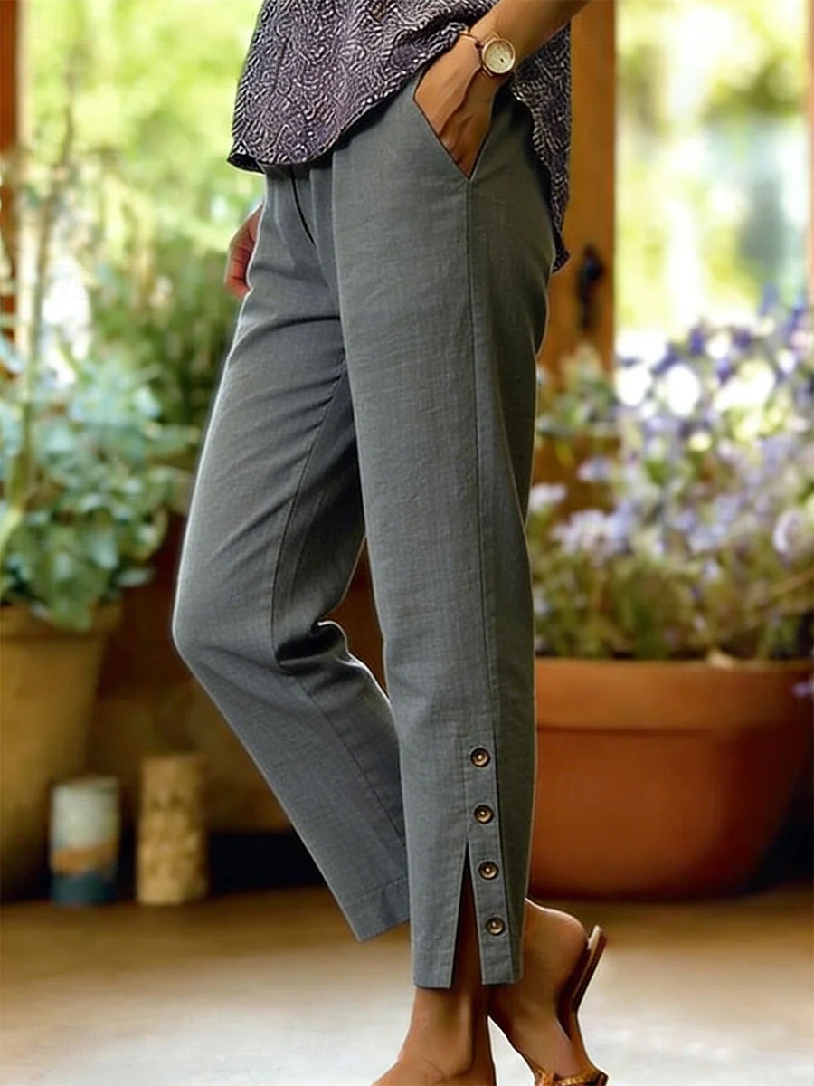 Women's Straight Stylish Casual Ankle-Length Medium Waist Solid Color Patchwork Comfort Inelastic Vacation Formal Blue turmeric Rouge Black Summer Spring 2026 - $22.99 –P2