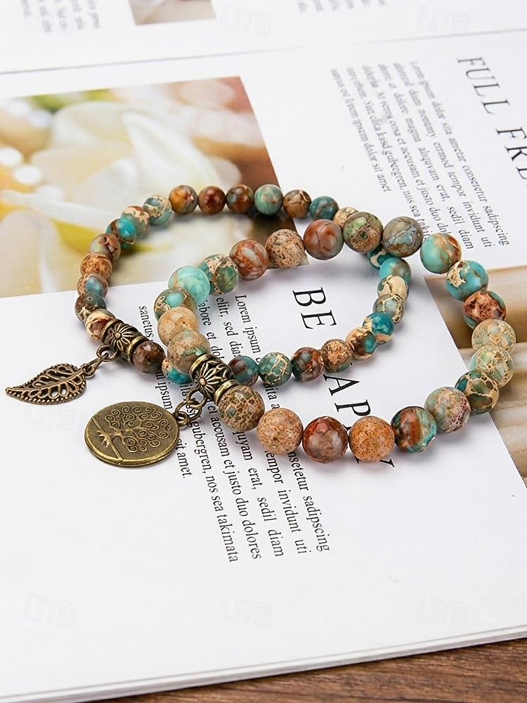 Set di braccialetti da donna bohémien a strati con perline di pietra naturale, albero della vita e ciondoli a forma di foglia, gioielli da polso impilabili multicolore in 2 pezzi per l'uso quotidiano, del 2026 a $14.99 –P9
