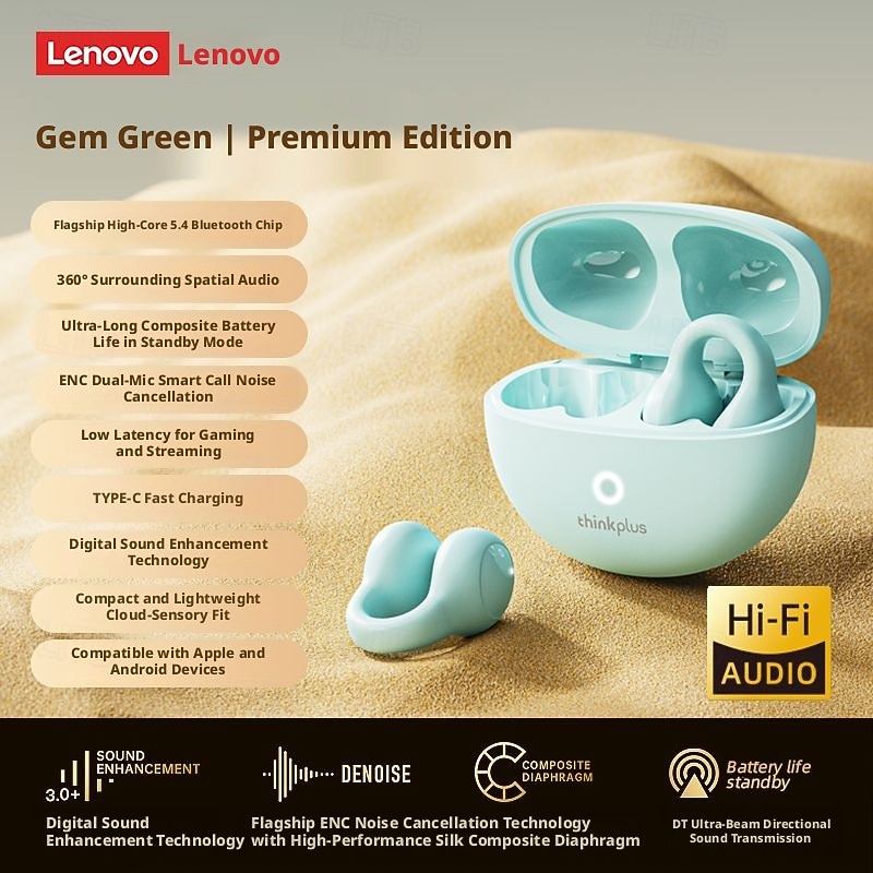 Lenovo ThinkPlus open-ear hoofdtelefoon, Bluetooth 5.4 draadloze clip-on oordopjes met luchtgeleiding, 360° ACS hifi stereo draadloze oordopjes met ENC ruisonderdrukkende microfoon, 24 uur 2026 - $35.99 –P13