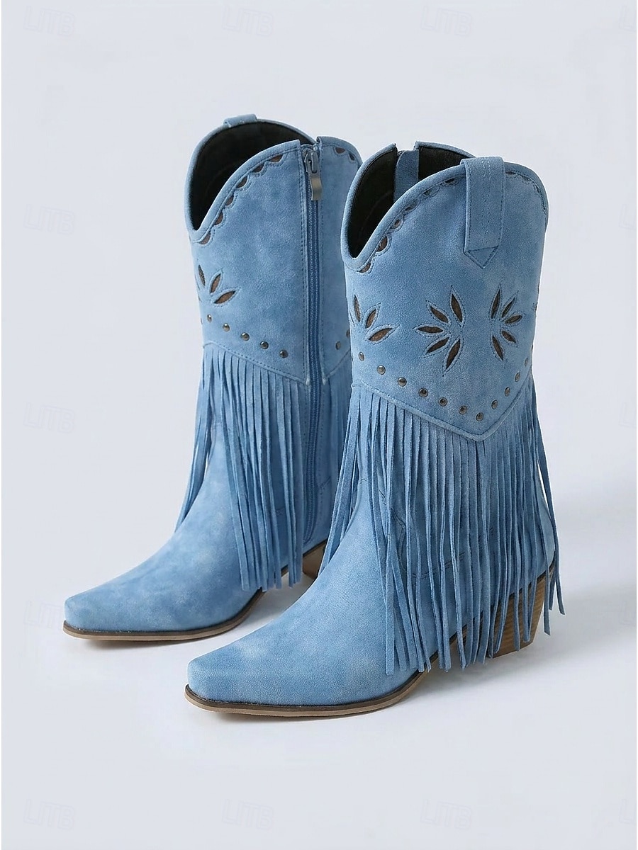 Botas vaqueras de mujer estilo western con flecos, botas beige bordadas a media pantorrilla con tacón grueso para festivales de música al aire libre, conciertos country y fiestas bohemias. 2026 - $84.99 –P4