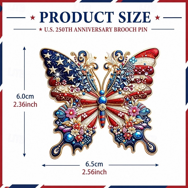 Broschnål med amerikansk 250-årsjubileum, brosch med amerikansk flagga och fjäril i strass, patriotisk minnesnål för kvinnor 1776-2026, smycken till present till USA:s självständighetsdag, minnesdagen 2026 - $12.99 –P2