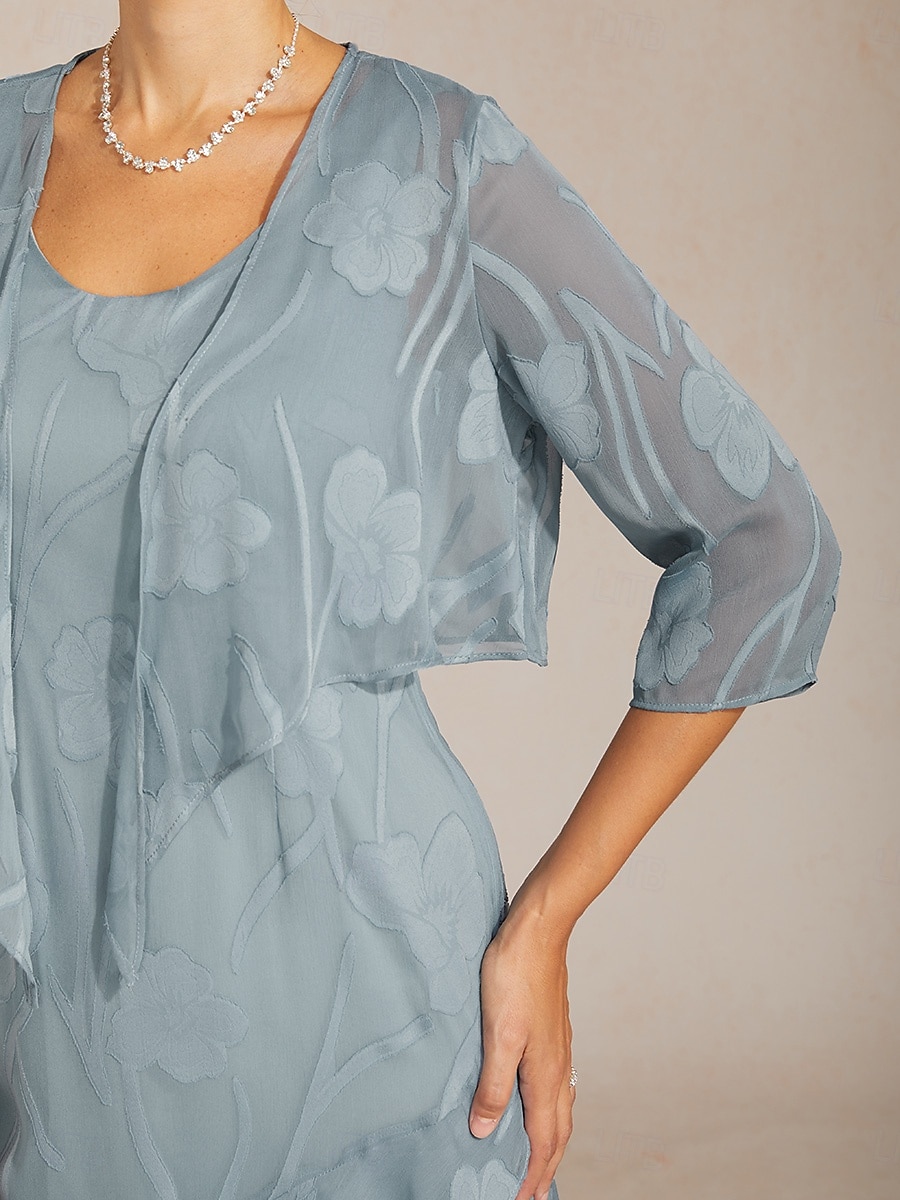 Mulheres encolhe os ombros Renda Ilusão Floral Elegante à moda Manga 3/4 Gola Redonda Tops regulares Diário Convidado do casamento Roupas de férias Cinza celeste Verão Primavera Outono de 2026 por $49.99 –P2