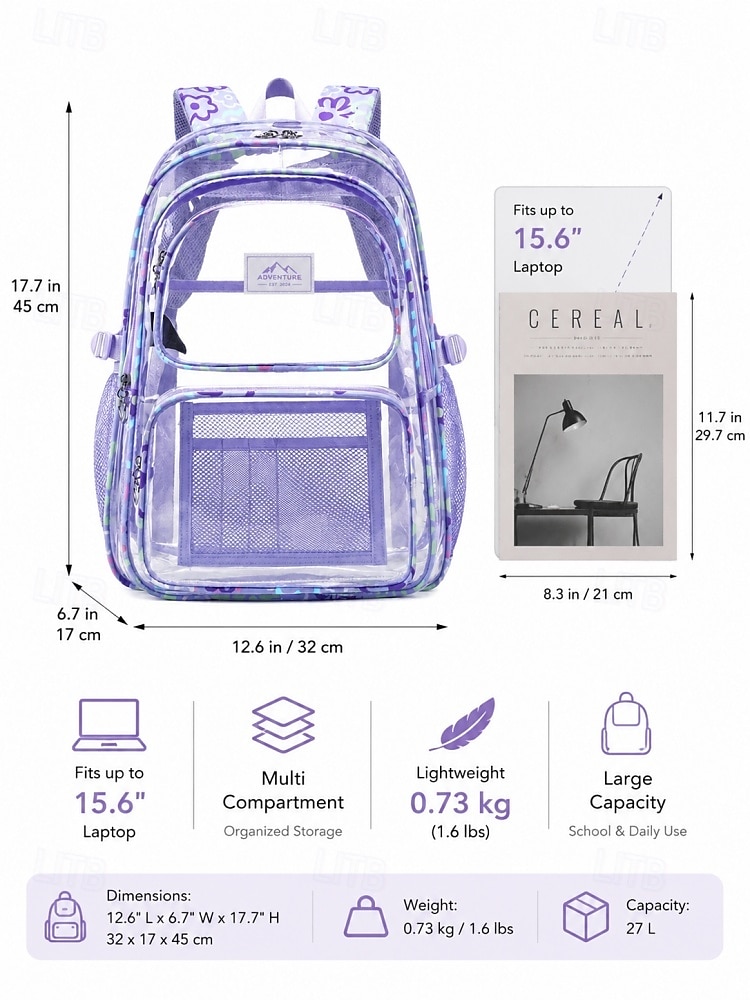 Kestävä violetti kirkas reppu tytöille - stadionille hyväksytty suuri läpinäkyvä koululaukku kukkakuvioisilla hihnoilla opiskelijoille &teini-ikäiset 2026 - $34.99 –P4
