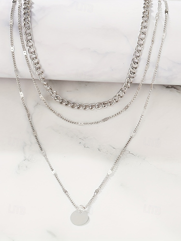 Damesketting met ronde schijfhanger in goud-zilveren lagen, minimalistische meerlaagse ketting van legering, elegante ketting voor elke dag, geschikt voor vakantie, werk, feestjes en als cadeau. 2026 - $7.99 –P6