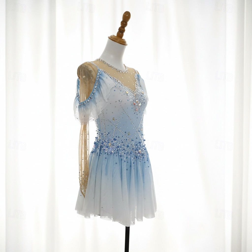 Figure Skating Dress Women's Ice Skating Dress Sky Blue Patchwork Thumbhole Stretchy Training Competition Skating Wear Classic Crystal / Rhinestone Long Sleeve Ice Skating Figure Skating 2026 - $536.99 –P3