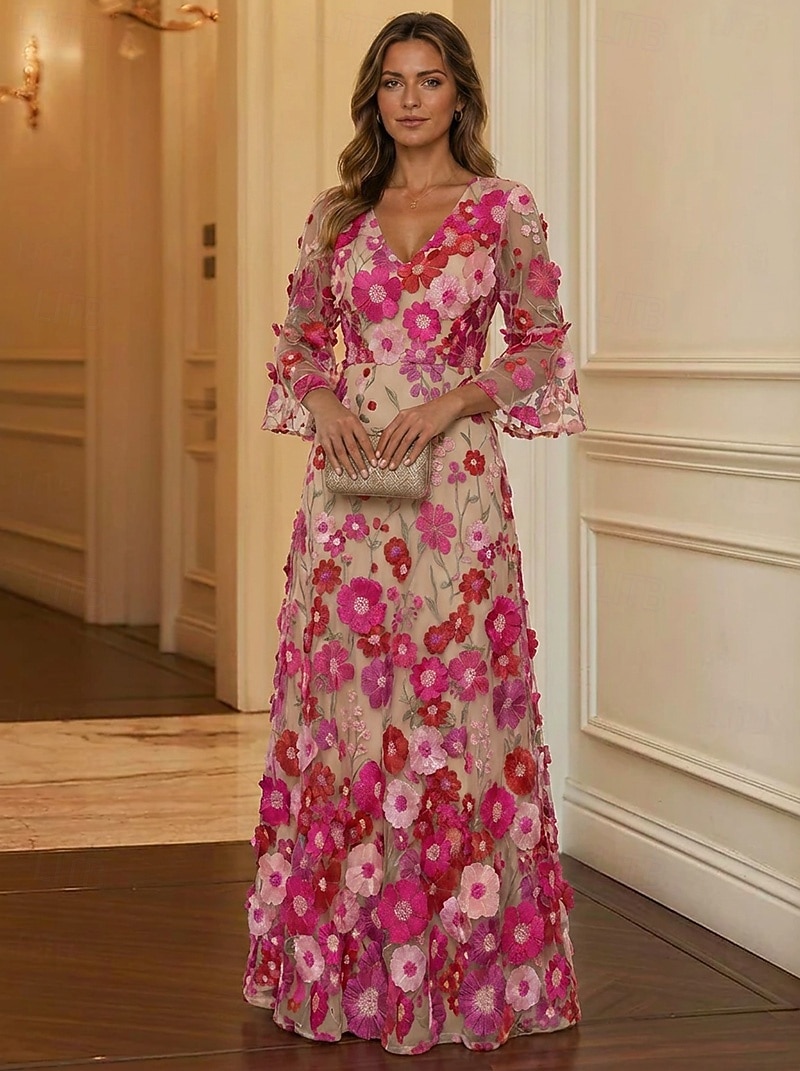Corte A Hasta el Suelo Vestidos de noche Vestimenta formal Elegante Floral Manga Larga Escote en Pico Boda Formal Encaje con Flores 3D Bordados Apliques 2026 - $182.99 –P4