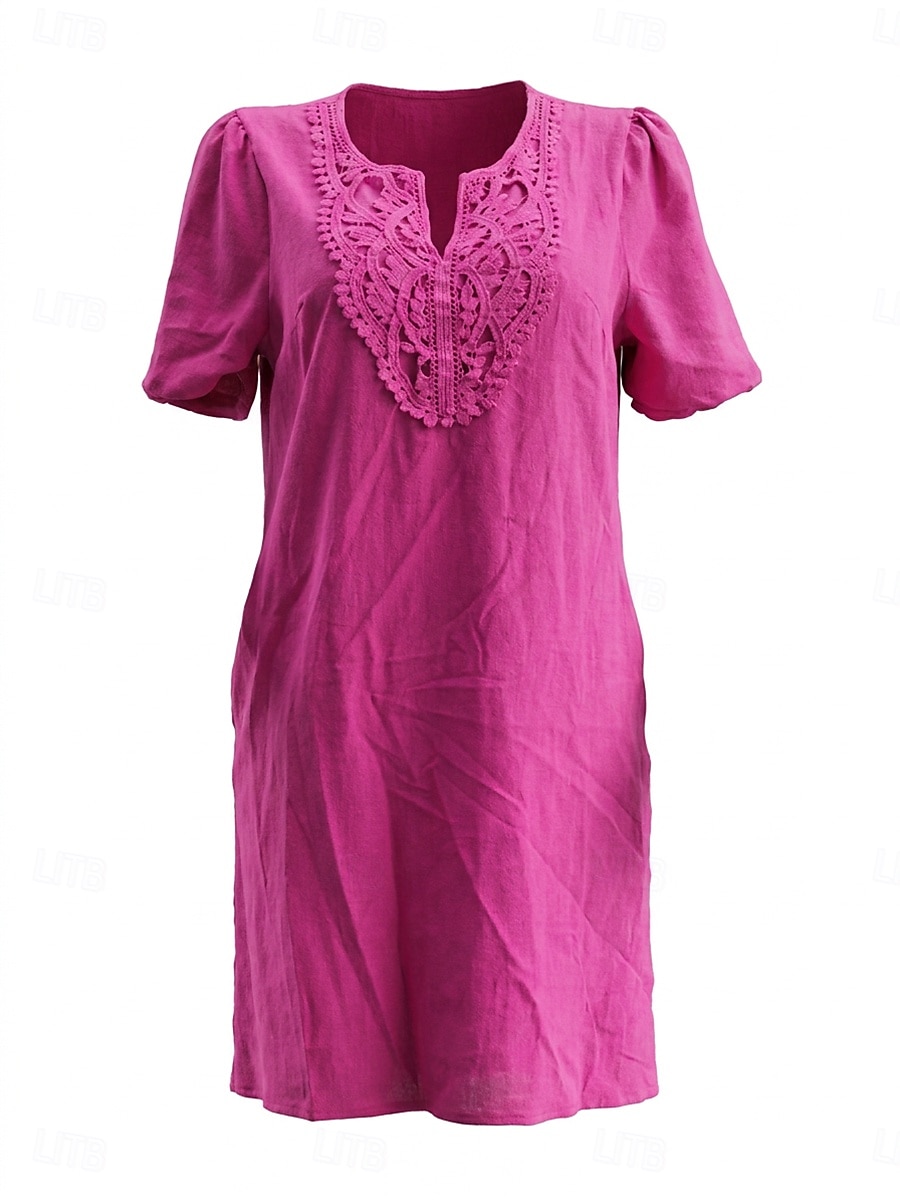 Mujer Vestido hasta la Rodilla Vestido bohemio Vestido de encaje Elegante Diario Holgado Plano Manga Corta Escote en Pico Bleu Ciel blanquecino Morado Azul Oscuro Verano 2026 - $10.49 –P1