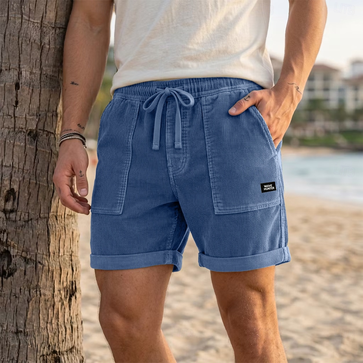Men's Shorts Casual Shorts Corduroy Shorts Pocket Elastic Waist Plain Comfort Breathable Short Casual Outdoor Beach Vacation Fashion Khaki Black Inelastic 2026 - $27.99 –P1