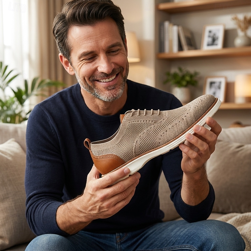 Sneakers brogue da uomo beige in maglia, scarpe casual stringate eleganti da passeggio, scarpe comode e traspiranti per ufficio, viaggi e uso quotidiano del 2026 a $32.99 –P4