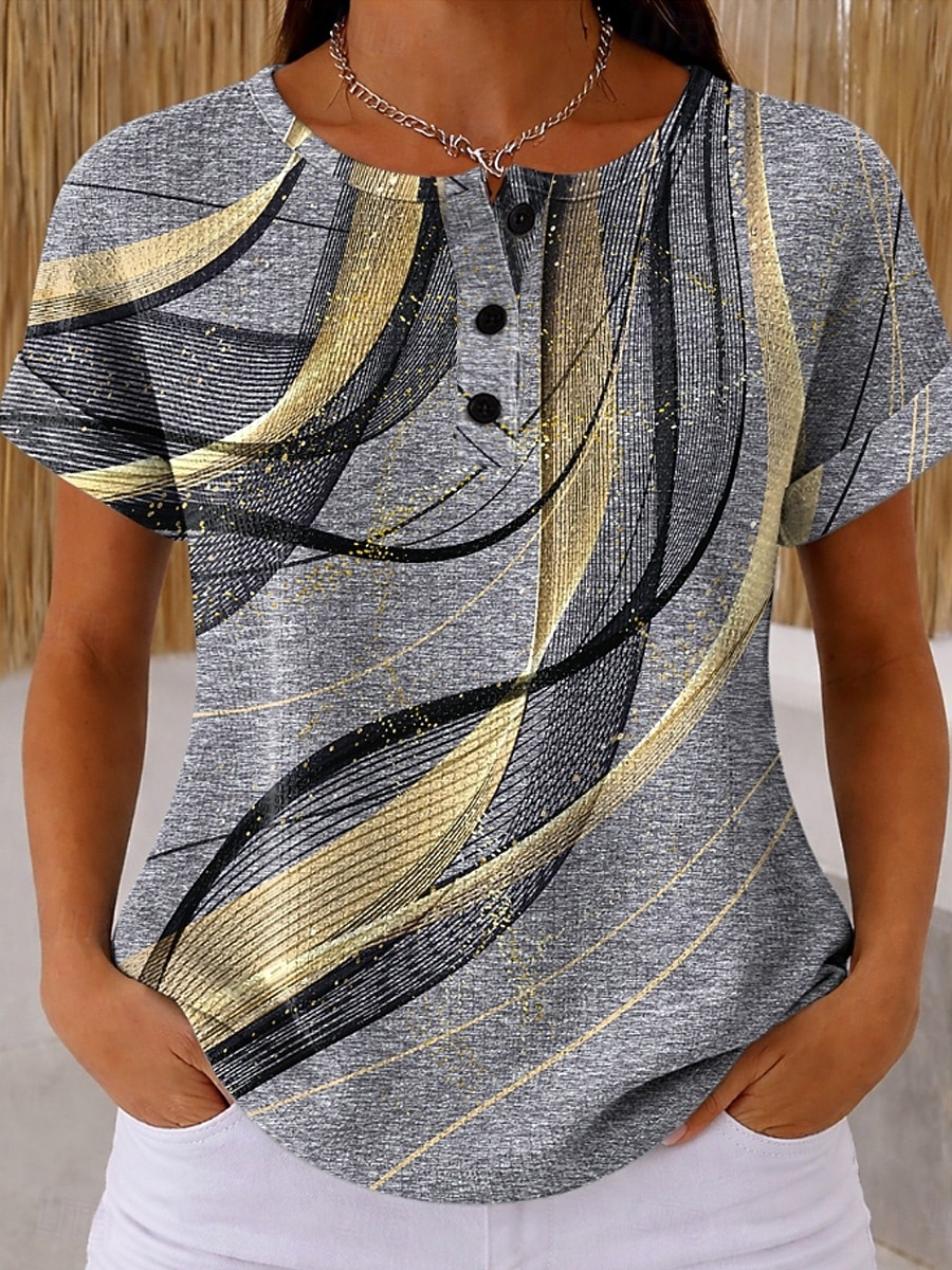 T-shirt en gaufre pour femmes impression graphique géométrique vintage élégant classique à manches courtes col rond hauts réguliers quotidiens noir et blanc noir blanc jaune rouge été printemps de 2026 ? $21.99 –P12