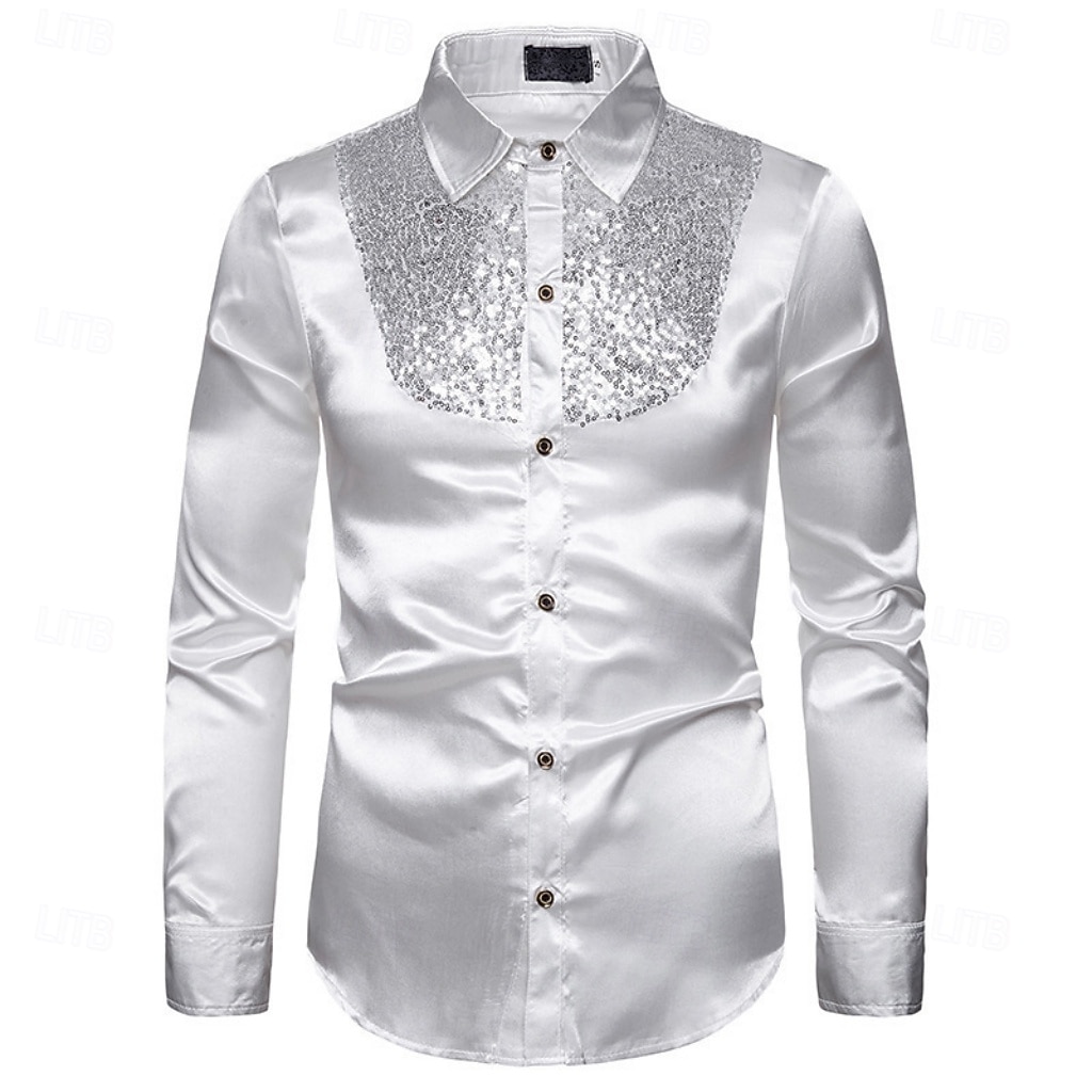 Men's Shirt Satin Shirt Dress Shirt Casual Shirt Solid Color Outdoor Work Black White Red Navy Blue Long Sleeve Turndown Summer Spring Clothing Apparel Sequins 2026 - $26.99 –P15