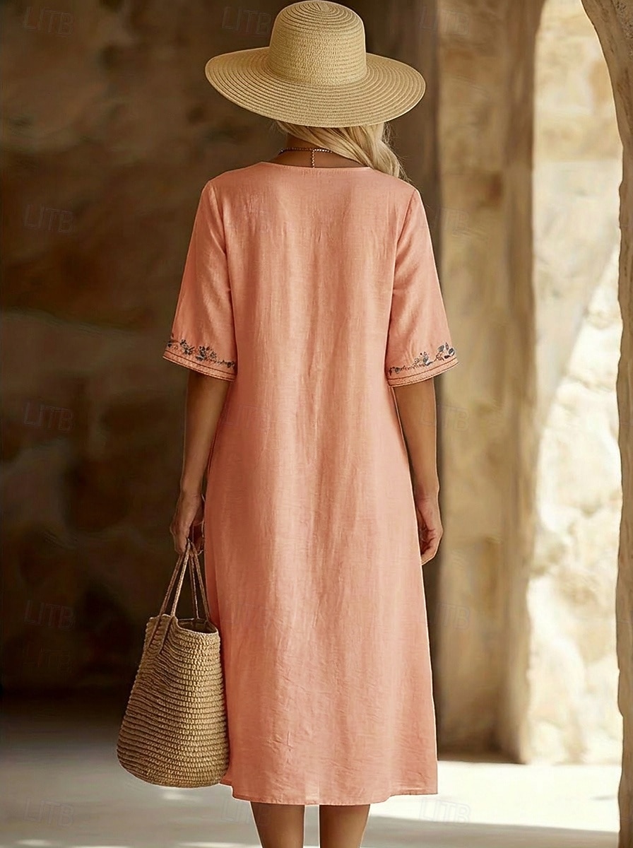 Damen Midikleid Kleider in Leinenoptik Freizeitkleid Elegant Mode Modern Outdoor Urlaub Ausgehen Normale Passform Blumen Halbarm V Ausschnitt Rosa Sommer Frühling 2026 - $29.99 –P2