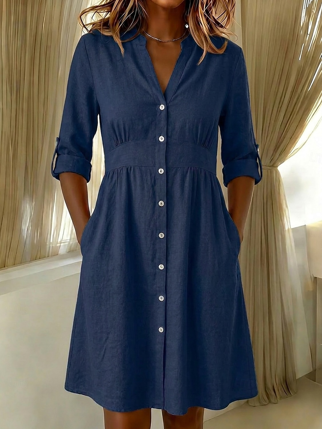 Damen Knielanges Kleid Baumwoll-Leinen-Kleider Hemdblusenkleid Elegant Urlaub Klassisch Täglich Büro Urlaub Normale Passform Einfach Langarm V Ausschnitt Rote Marineblau Orange Sommer Frühling 2026 - $18.49 –P9