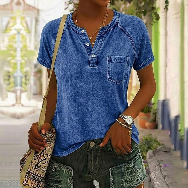 Camiseta feminina softfade™ 100% algodão estilo Henley - camiseta vintage de alta qualidade com manga curta, gola redonda e bolso. de 2026 por $27.99 –P12