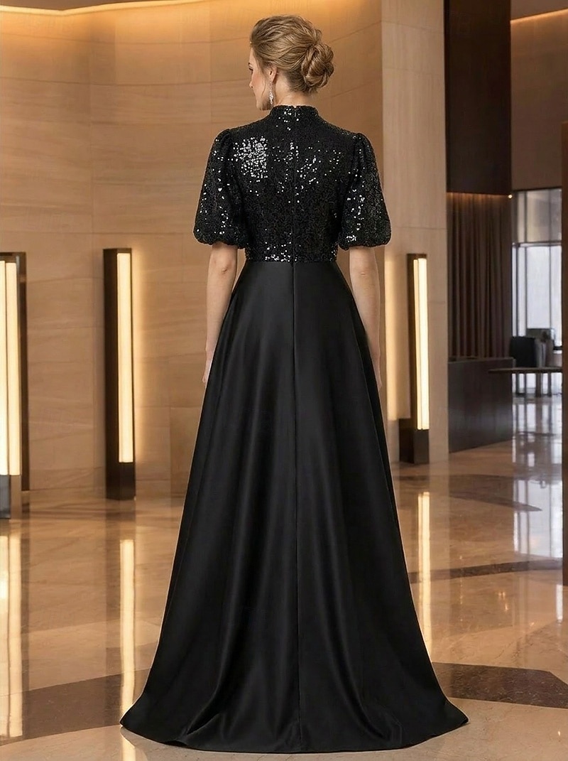 A-Line Sweep Brush Train Evening Gown Elegant Glittering Sparkle Short Sleeve High Neck Wedding Formal Pocket Satin with Pleats Sequin 2026 - $148.99 –P2