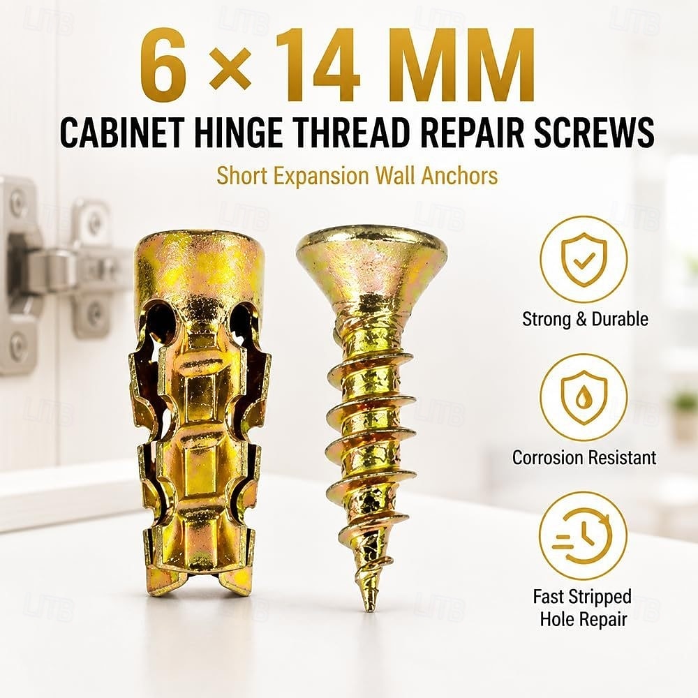 Juego de tornillos de expansión cortos de 6×14 mm, anclajes de pared de expansión cortos, para reparación de bisagras de armarios &Restauración de roscas dañadas, juego de 30/50/100 fijaciones seguras 2026 - $10.99 –P3