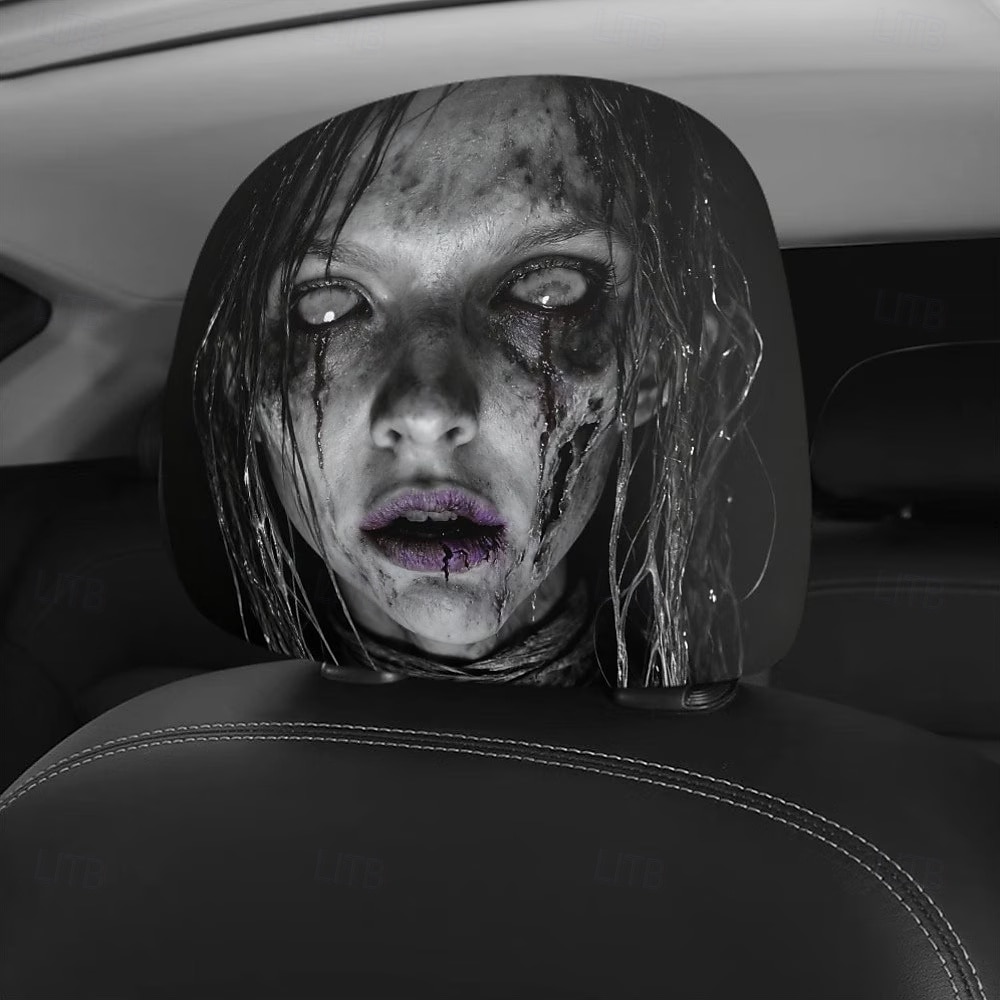 Fundas para reposacabezas de coche con diseño de fantasma con pelo mojado (2/4 unidades), fundas protectoras de reposacabezas de asiento con diseño de terror para Halloween, impresión plana 2D, ajuste 2026 - $16.99 –P6