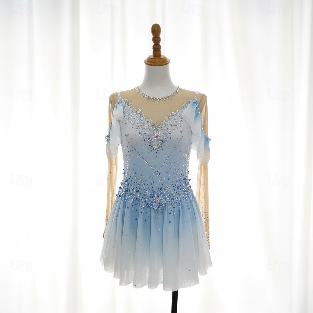 Figure Skating Dress Women's Ice Skating Dress Sky Blue Patchwork Thumbhole Stretchy Training Competition Skating Wear Classic Crystal / Rhinestone Long Sleeve Ice Skating Figure Skating 2026 - $536.99 –P1