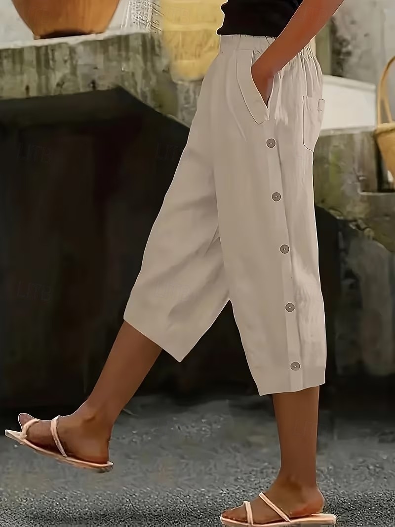 Women's Capri Pants Straight Casual Daily Comfort Calf-Length High Waist Solid Color Patchwork Pocket Button Comfort Inelastic Casual Vacation Black Navy Blue Brown Military Green Summer Spring Loose 2026 - $26.99 –P2