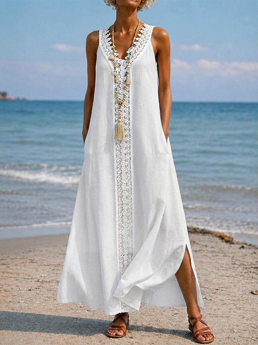 casual white lace dress plus size Women's Plus Size Maxi Dress White Lace Dress Casual Dress Casual Beach  Vacation Regular Fit Plain Sleeveless V Neck White Summer 2026