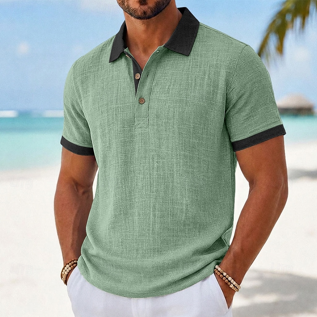 Men's Linen Shirt Polo Shirts Casual Vacation Classic Short Sleeve Fashion Solid Color Textured Color Block Buttons Summer Spring Regular Fit Light Green Green Gray Light Blue Linen Shirt 2026 - $22.99 –P1