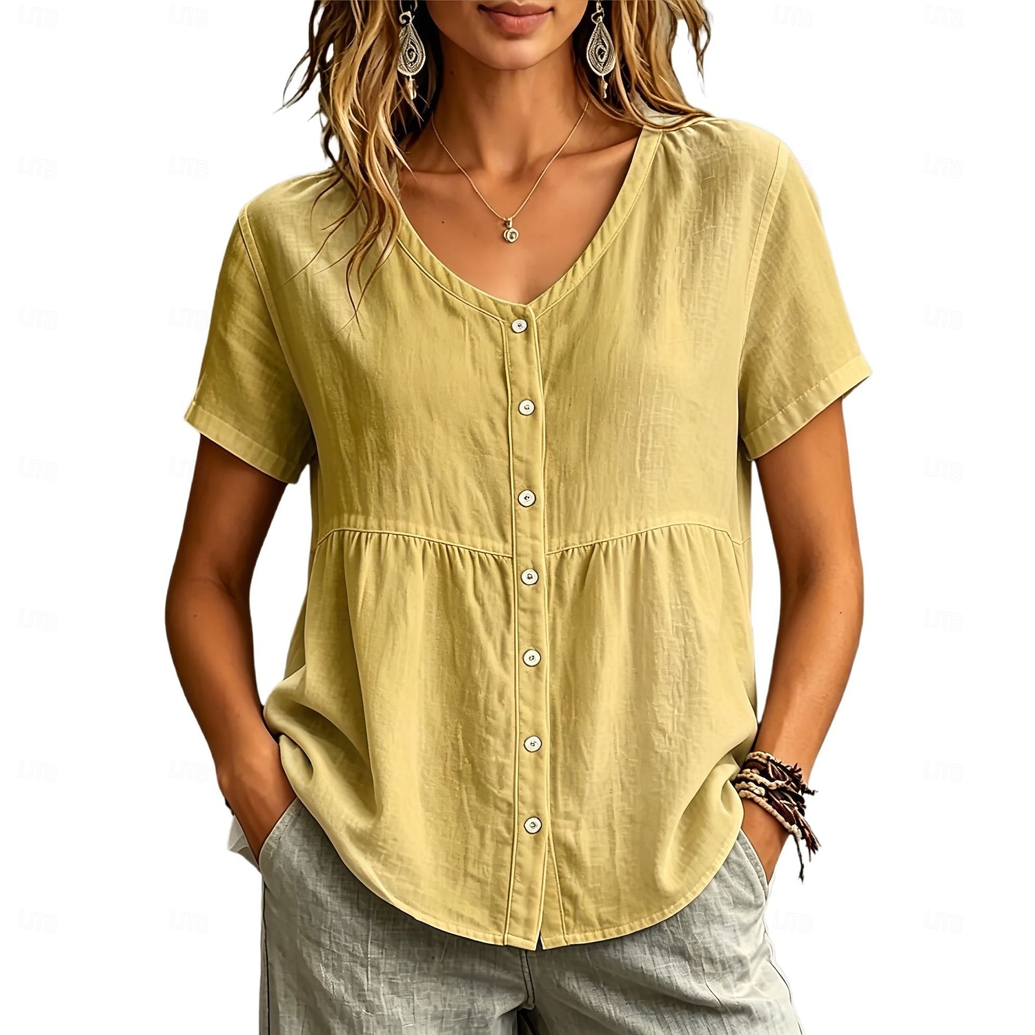 Dames Overhemd Blouse Lapwerk Knop Effen Kleur Elegant Casual Korte mouw Strakke ronde hals Normale tops Casual geel groen Zwart Wit Wijn Lichtgrijs Lente 2026 - $23.99 –P4